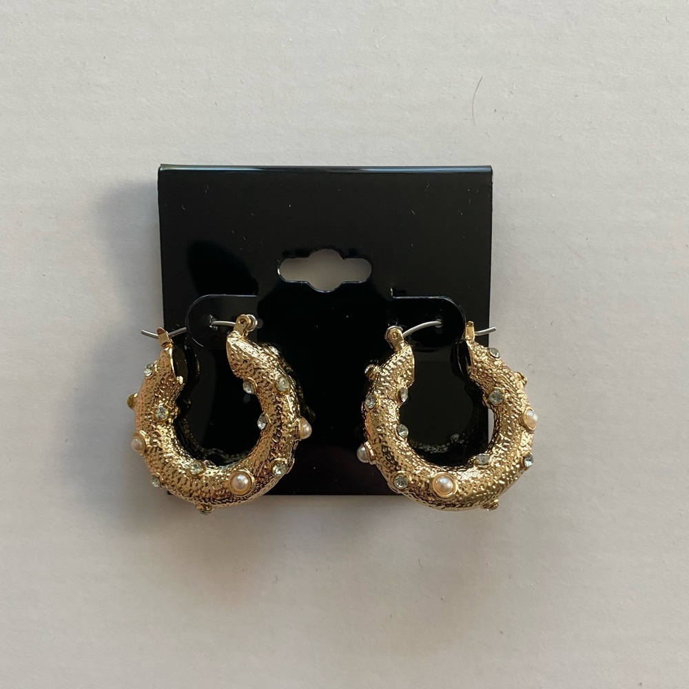 Gold Pearl and Rhinestone Hoop Earrings - Picture 2 of 2